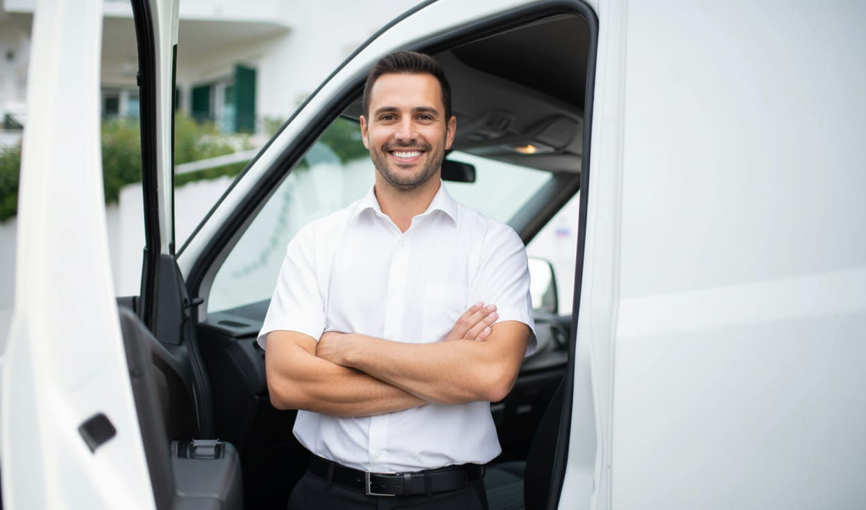 Professional driver standing next to his van