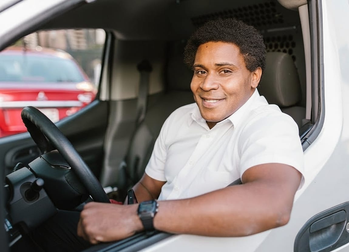 professional van driver inside his van