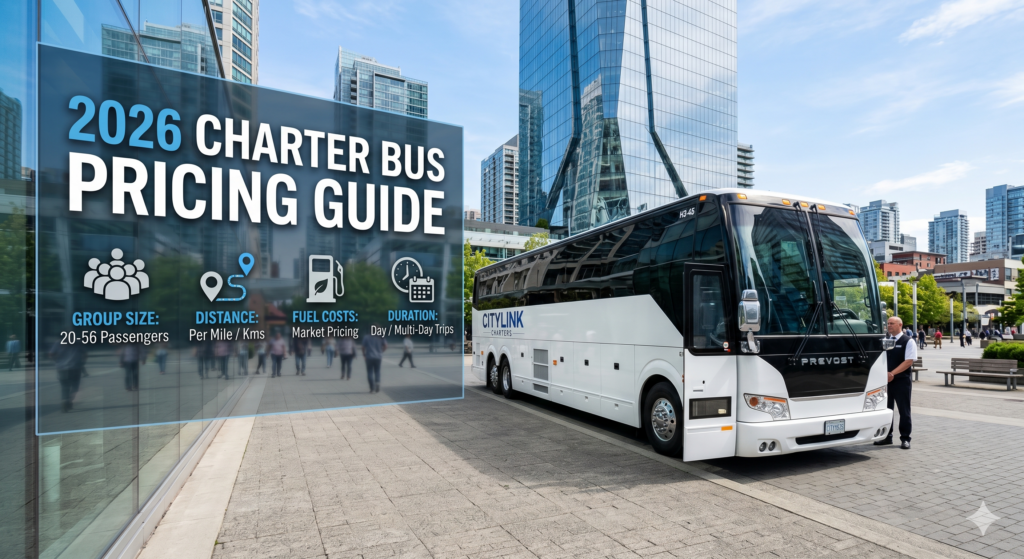 A high-resolution, wide-angle photograph of a modern, luxury white charter bus parked in a bright, modern city plaza. Next to the bus, a professional semi-transparent digital overlay displays the text '2026 Charter Bus Pricing Guide' in bold, clean typography.