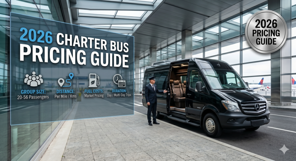 A professional, commercial-style photograph of a luxury black Mercedes-Benz Sprinter passenger van parked at a modern airport curb. A professional chauffeur in a sharp suit stands near the open sliding door, which reveals high-end leather interior seating. In the top corner, a clean graphic badge reads '2026 PRICING GUIDE' in bold, elegant sans-serif font. The image is bright, high-contrast, and looks like a luxury travel advertisement. 8k resolution, photorealistic, cinematic lighting.