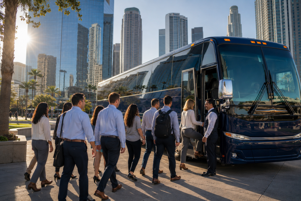 corporate employees boarding charter bus for Los Angeles shuttle event