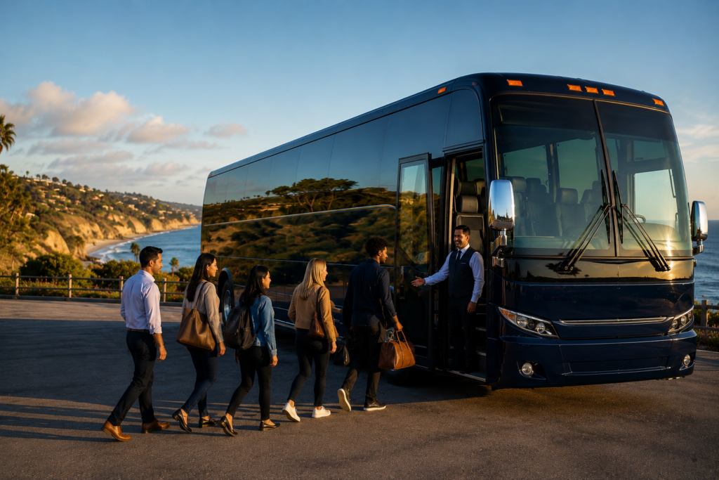 All Star Shuttles charter bus at Southern California coastal location