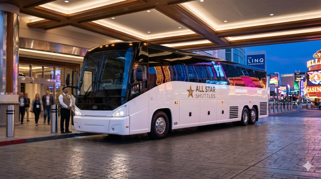 All Star Shuttles 56-passenger luxury charter bus drop-off at the Las Vegas Strip