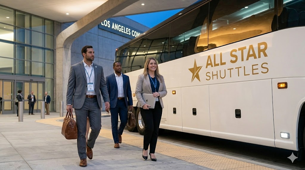 Corporate group boarding Allstar Shuttles charter bus outside Los Angeles event venue