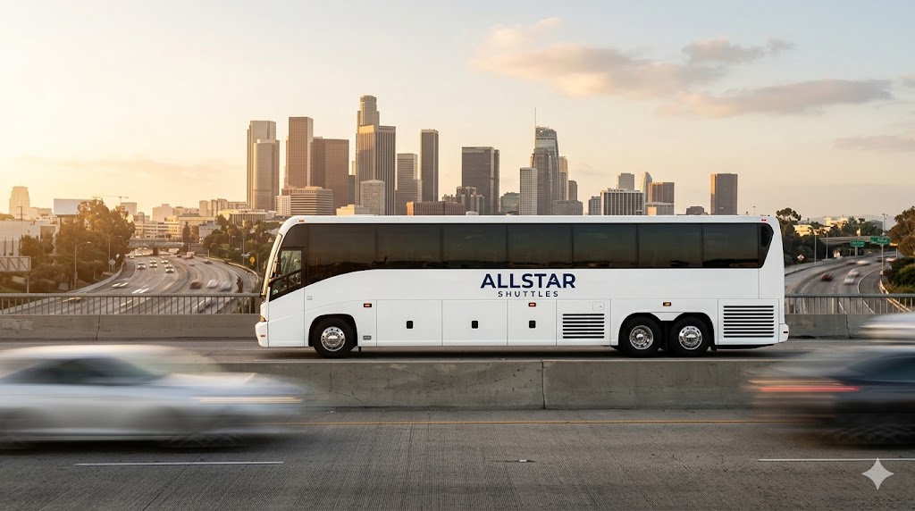 Allstar Shuttles uniformed driver assisting corporate employees boarding a shuttle in Los Angeles