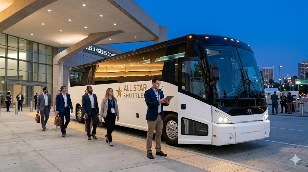 Allstar Shuttles charter bus on Los Angeles freeway with downtown skyline - corporate shuttle service Los Angeles