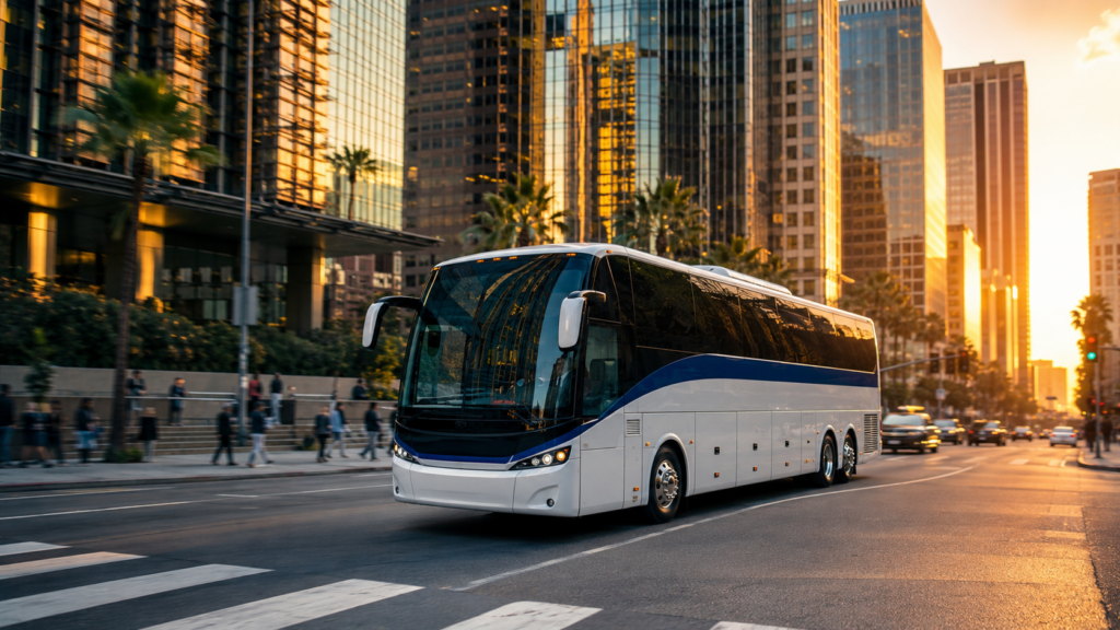 Charter bus navigating downtown Los Angeles traffic near a corporate venue