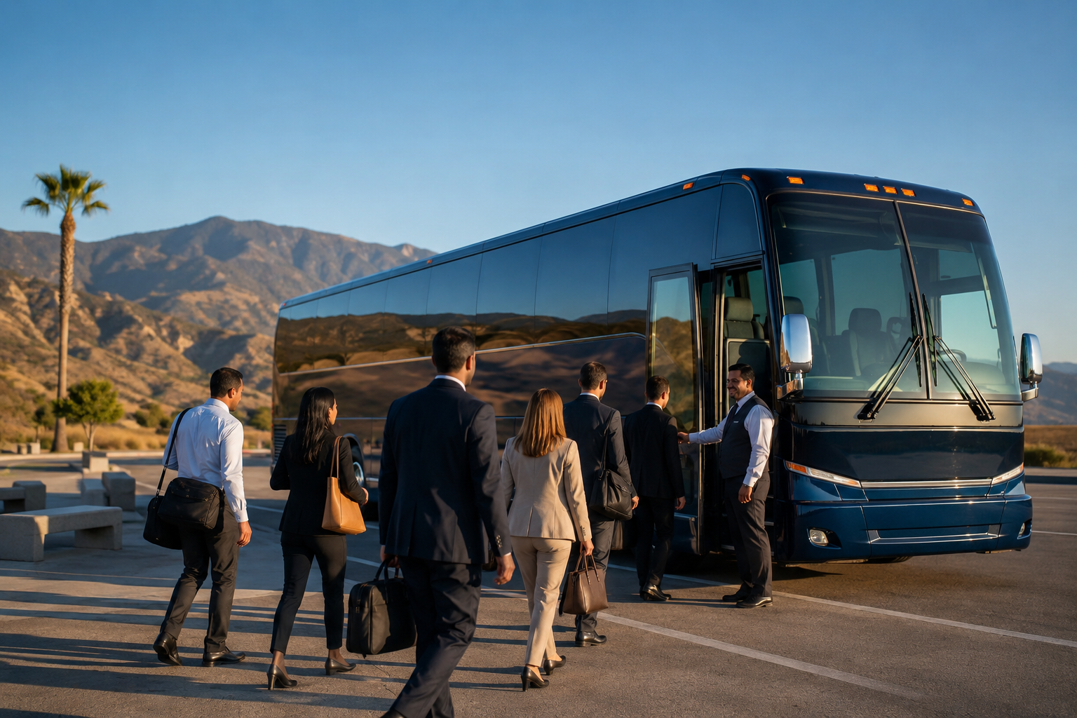 charter bus rental with group boarding at California highway stop