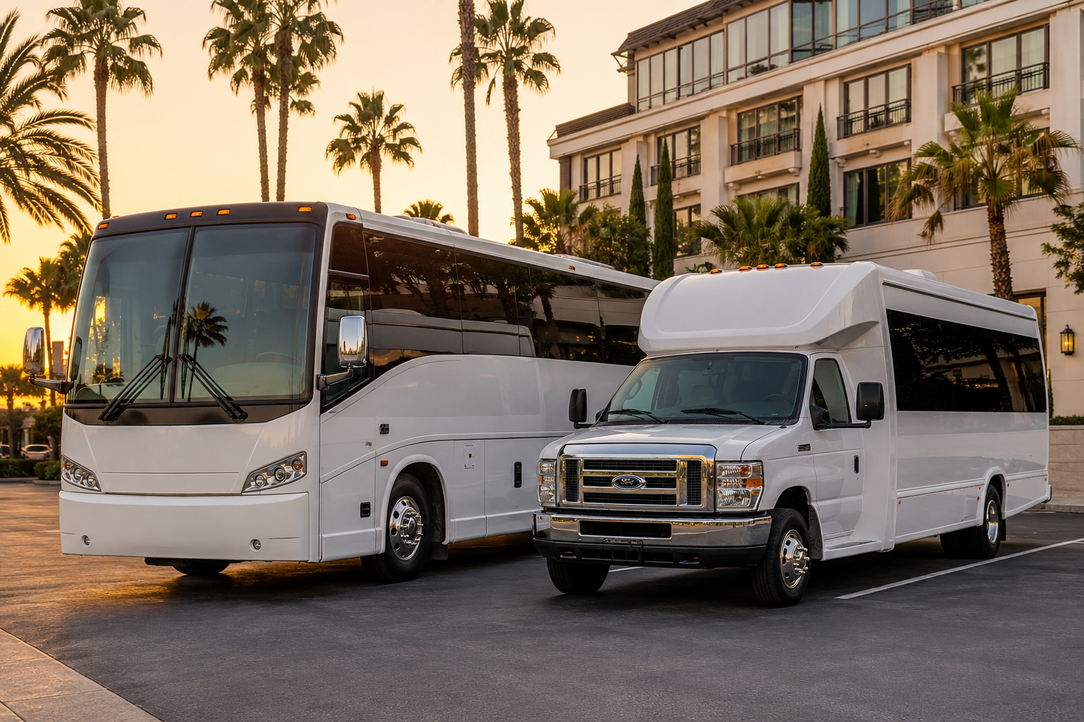White charter bus and minibus parked side by side near a Los Angeles hotel at sunset