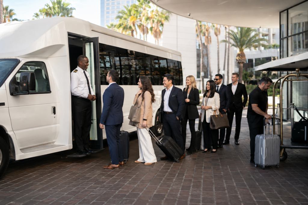 Corporate group boarding a minibus rental at a Los Angeles hotel forecourt