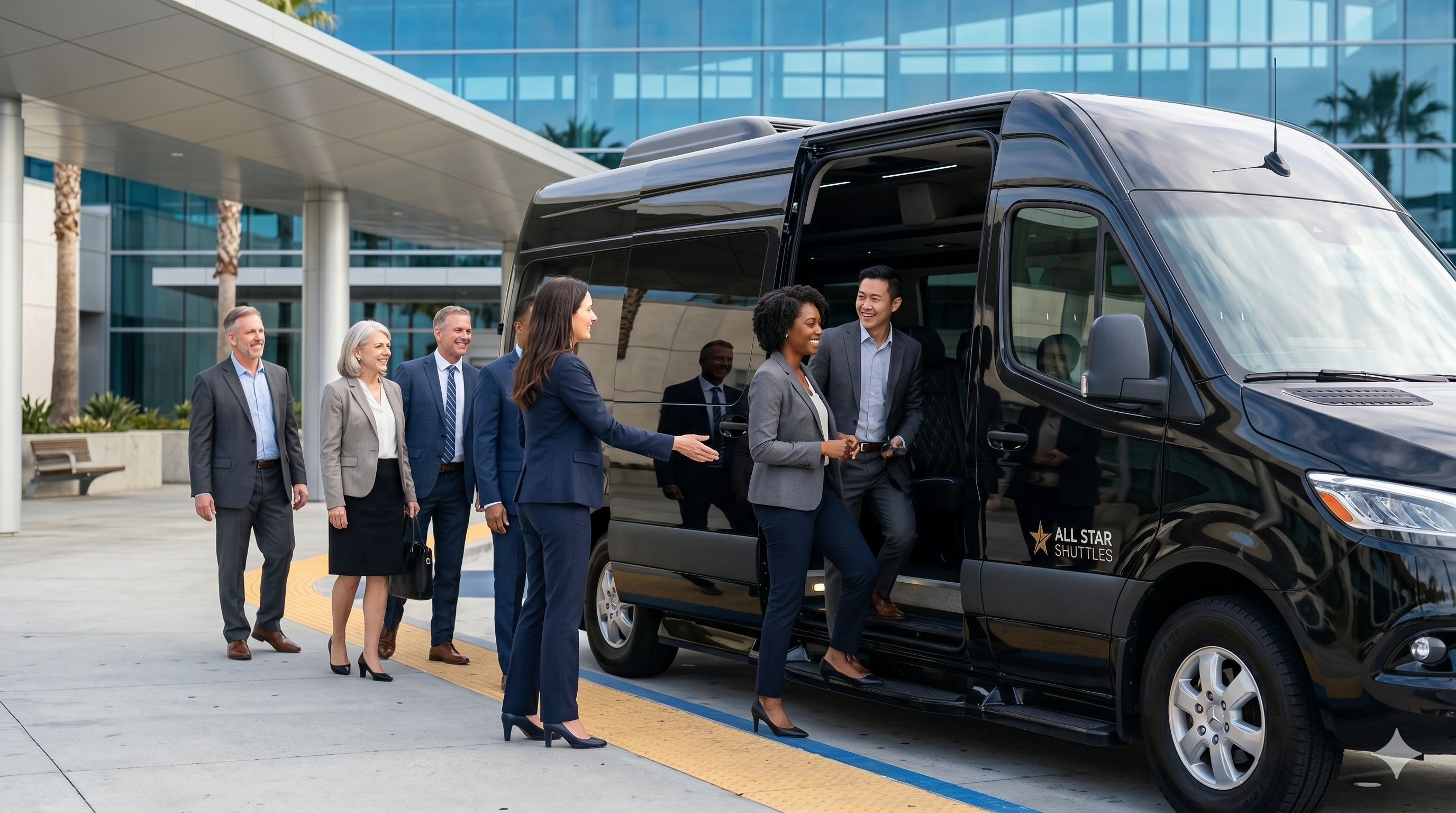 Corporate executive team boarding a Mercedes-Benz Sprinter van outside an office building in Los Angeles
