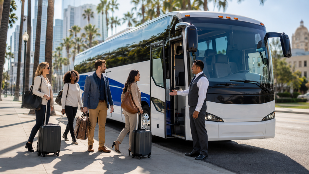 A professional driver welcoming business travelers with luggage to board a white charter bus in Los Angeles