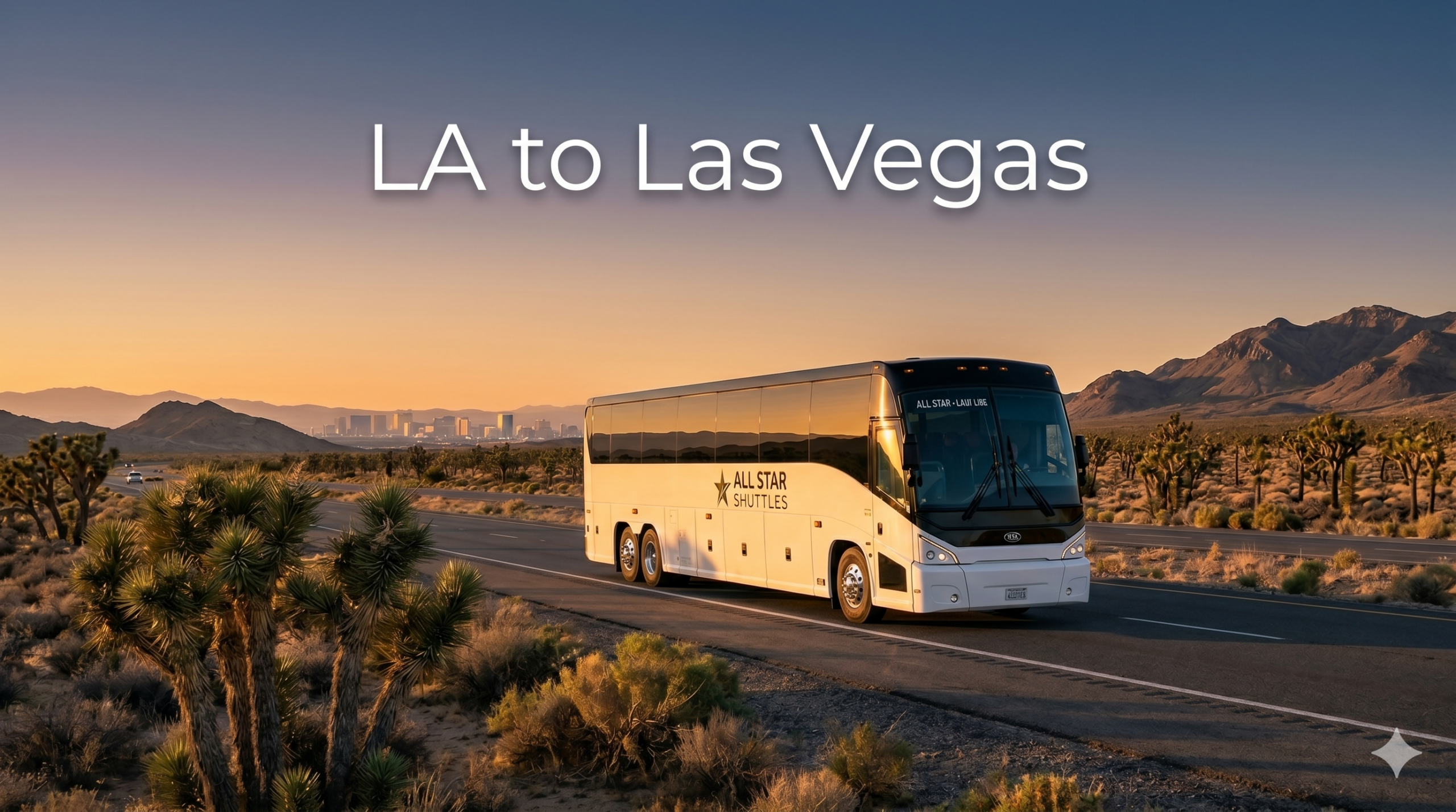 LA to Las Vegas charter bus on I-15 desert highway with Las Vegas skyline at sunset — All Star Shuttles