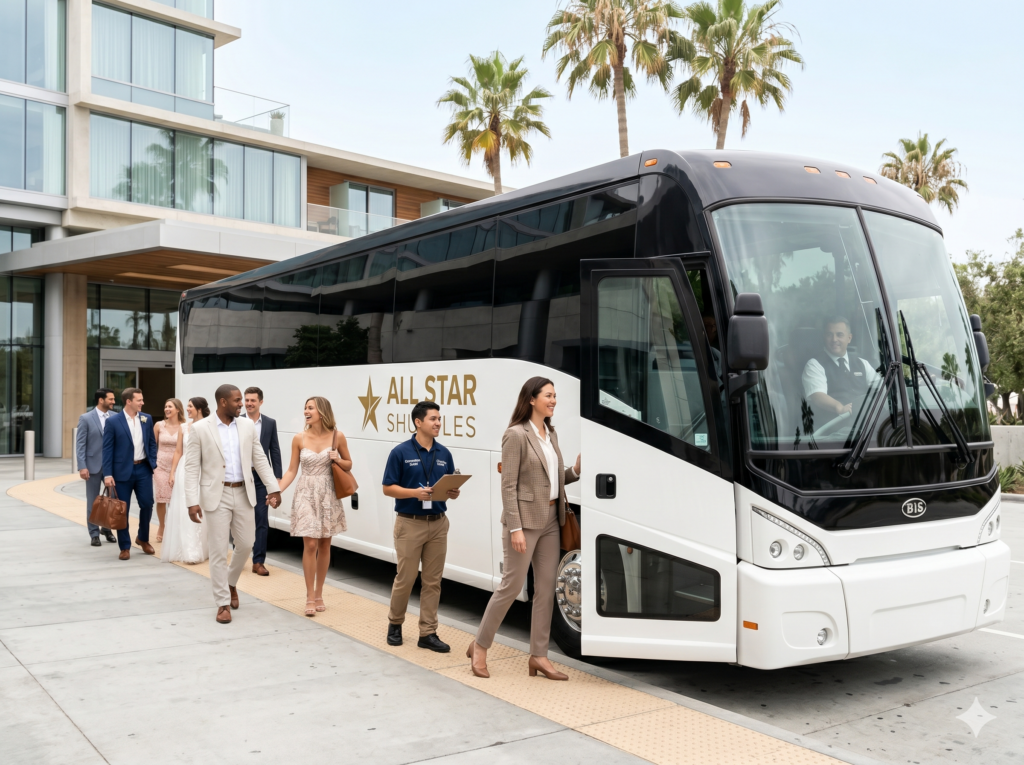 Group boarding an All Star Shuttles luxury charter bus at a Los Angeles pickup location