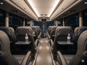 Interior of an All Star Shuttles luxury motorcoach with reclining leather seats and overhead storage