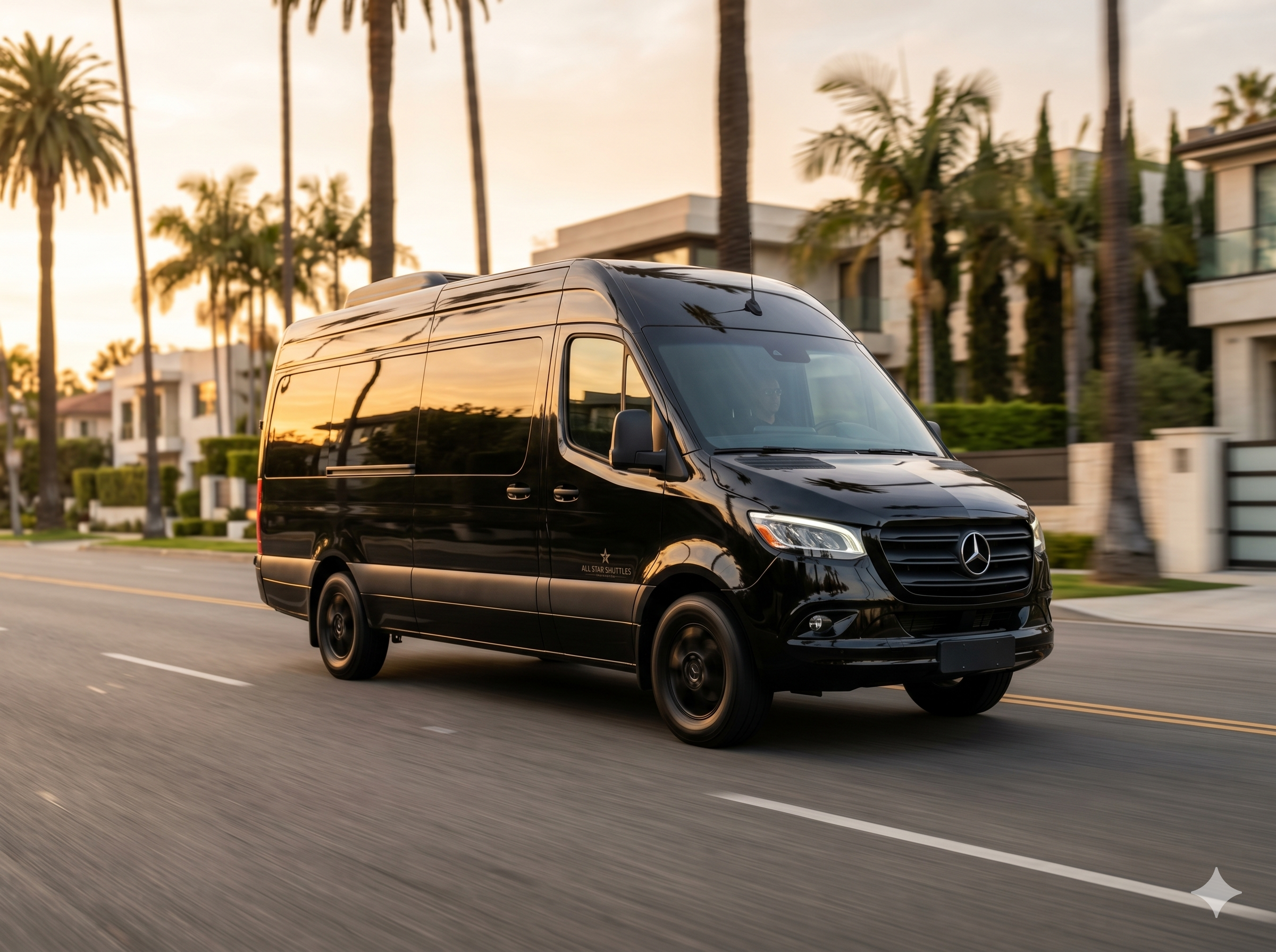 Black Mercedes-Benz Sprinter van driving along a palm tree lined street in Los Angeles at sunset