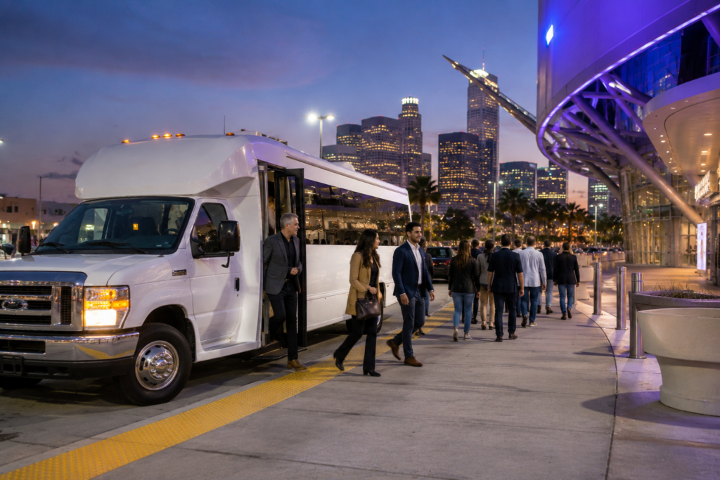 Minibus dropping off a group in front of the downtown Los Angeles skyline at dusk