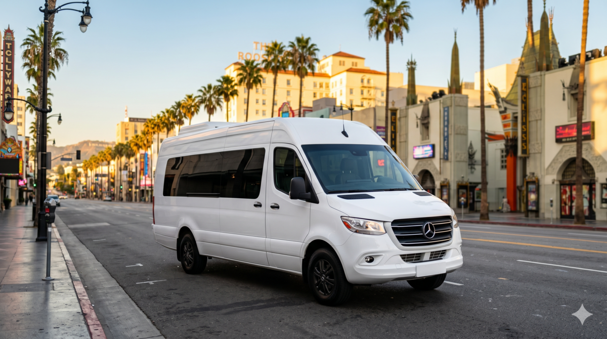 White minibus rental on Hollywood Boulevard in Los Angeles near the TCL Chinese Theatre