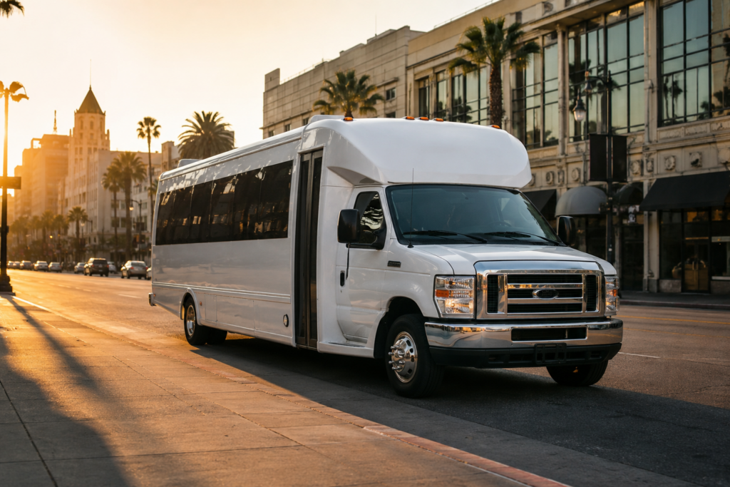 Minibus rental in Los Angeles parked on a city street at sunset