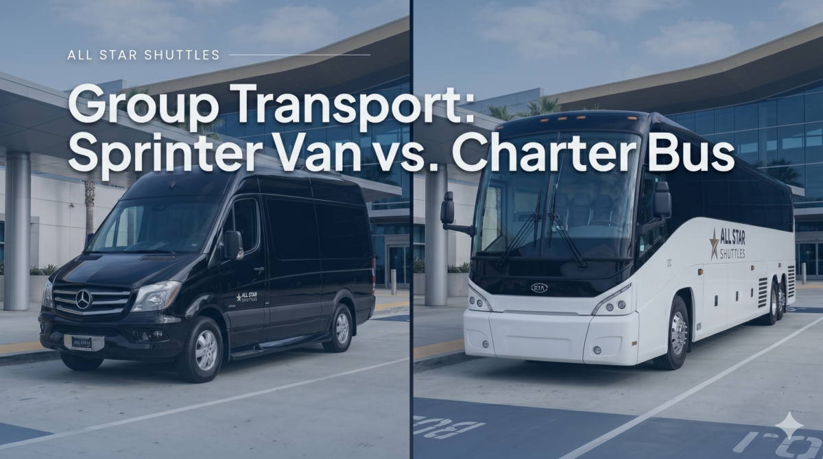 Charter bus and sprinter van side by side for California group transportation comparison