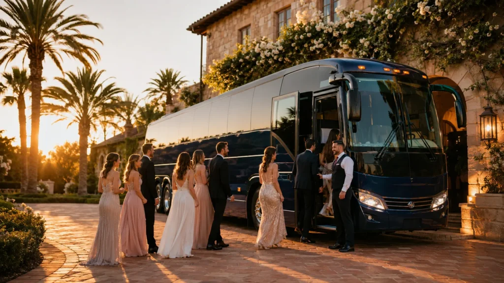 wedding shuttle Los Angeles bridal party boarding charter bus at golden hour venue