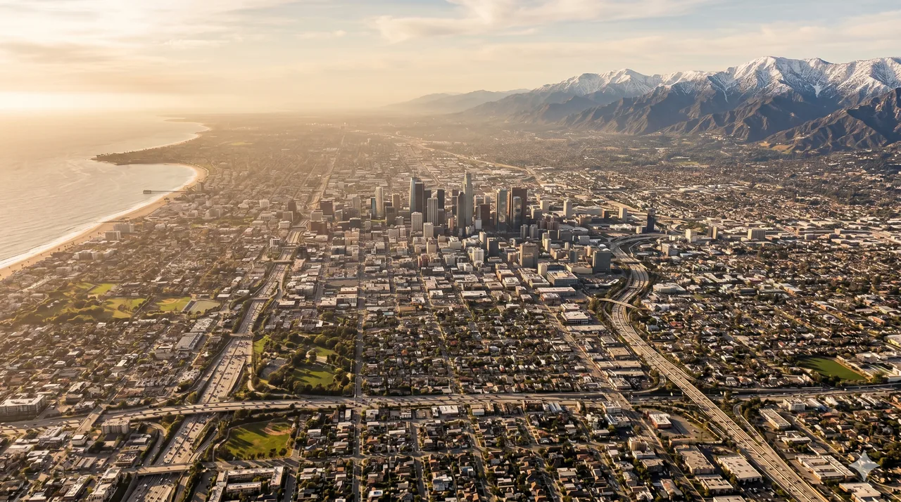 aerial view of Los Angeles for wedding shuttle route planning coast downtown mountains