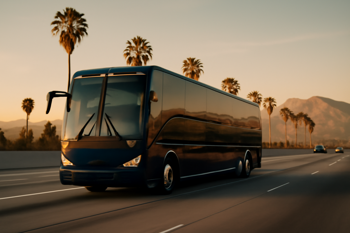 charter bus on Southern California freeway at golden hour with palm trees