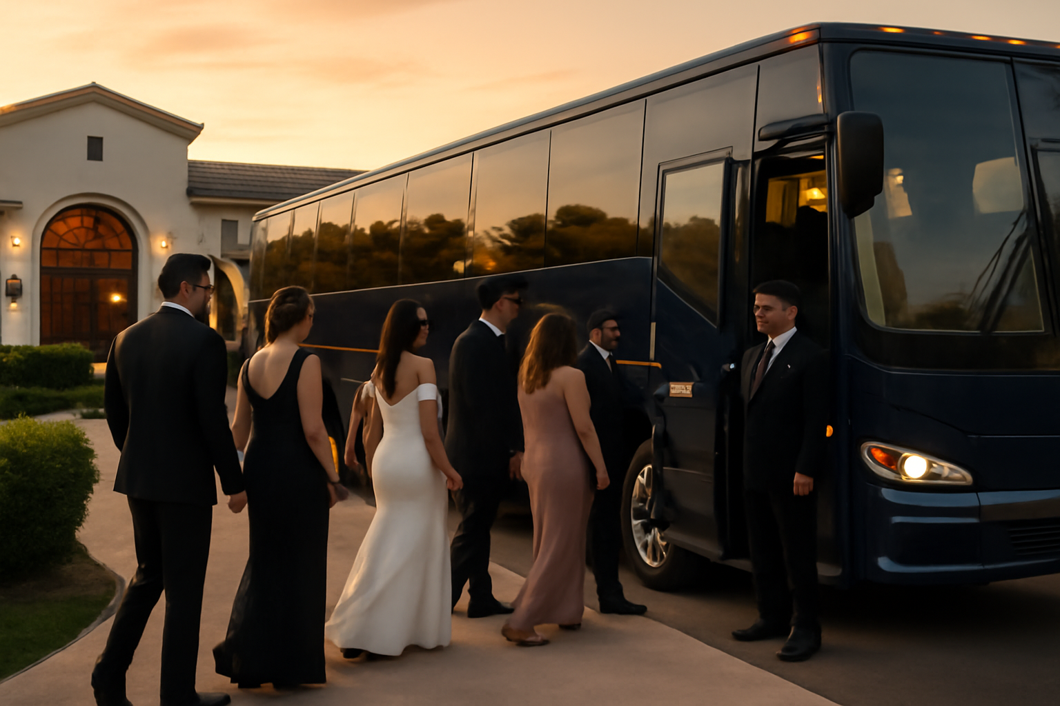 wedding guests boarding charter bus at Southern California venue at sunset