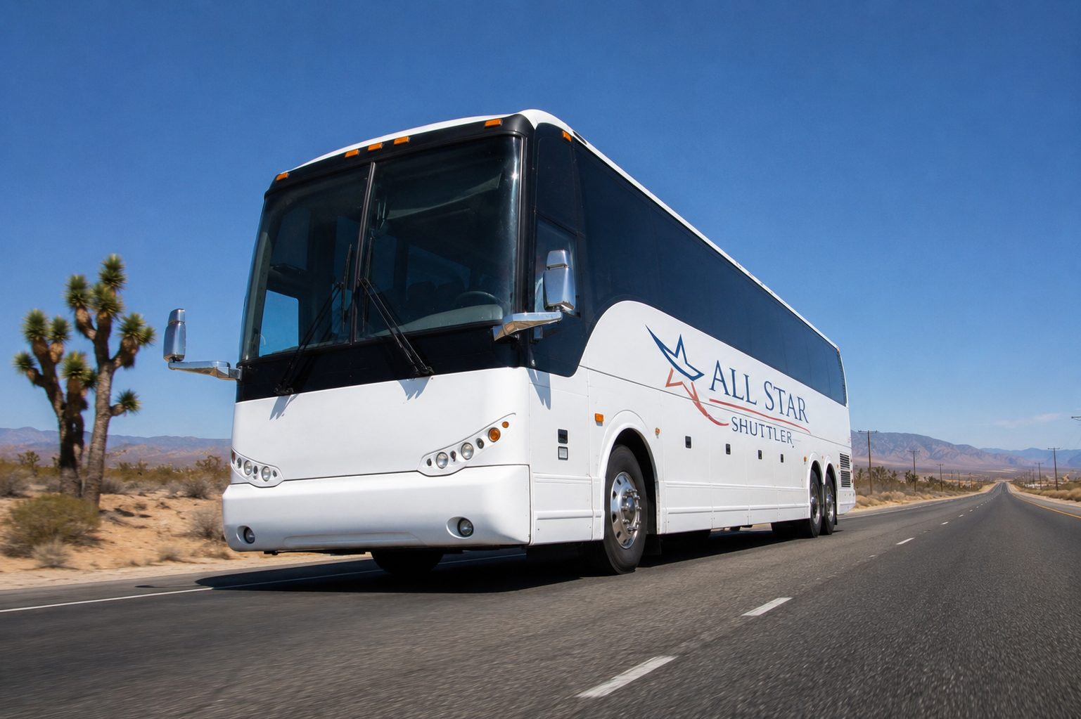 Allstar Shuttles charter bus on I-15 desert highway between Las Vegas and Los Angeles — group transportation for FIFA World Cup 2026