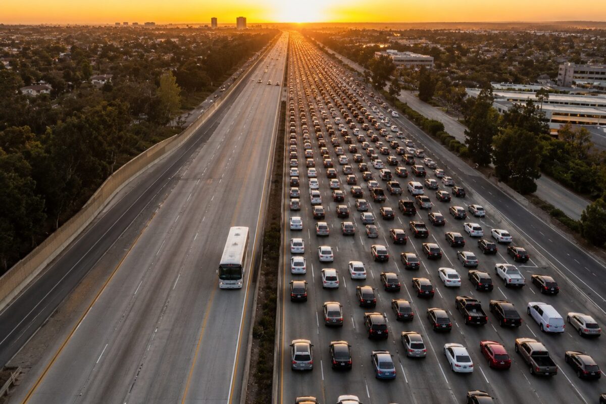 Aerial view of bumper-to-bumper traffic on the I-405 freeway at sunset with a white charter bus moving freely in the carpool lane from Orange County to SoFi Stadium FIFA World Cup 2026