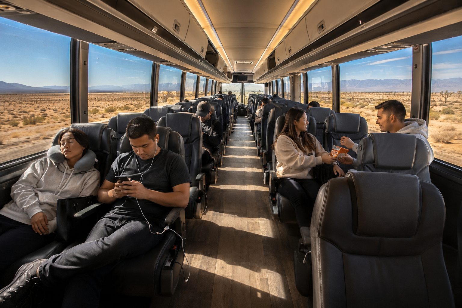 Passengers relaxing inside a charter bus crossing the Mojave Desert on the Las Vegas to Los Angeles I-15 route