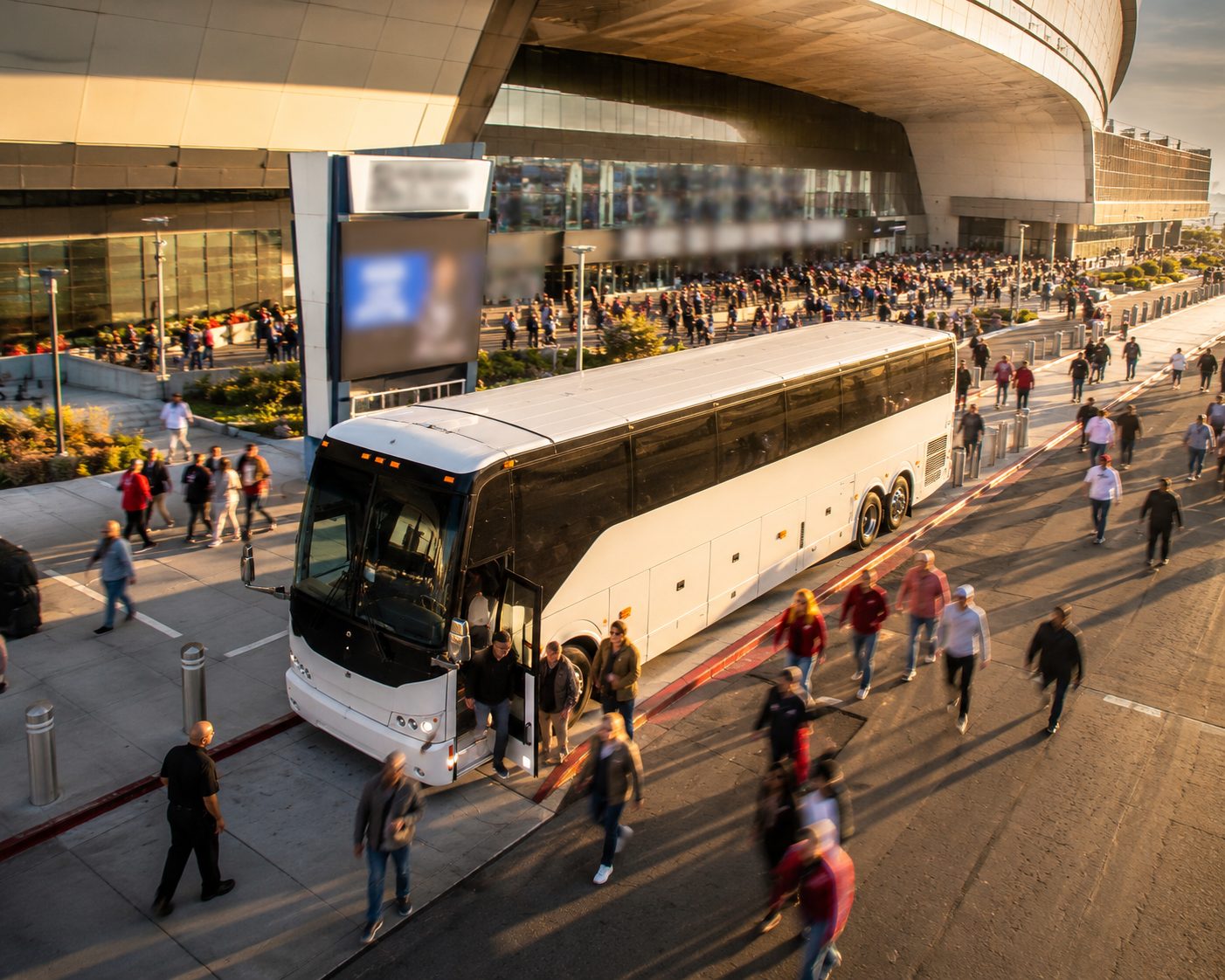 Charter bus dropping off a group at a Los Angeles stadium for FIFA World Cup 2026 — Allstar Shuttles group transportation