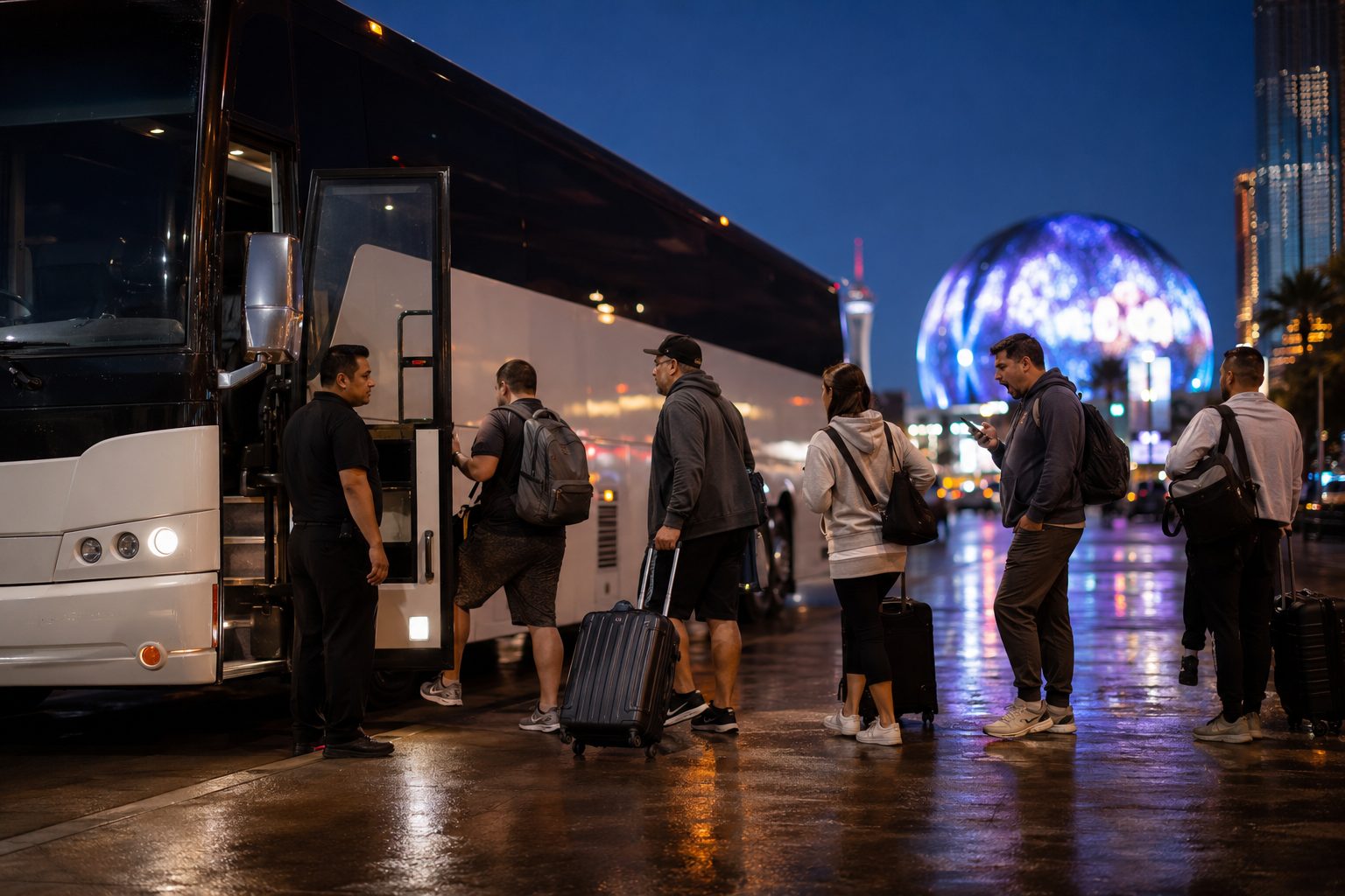 Group boarding an Allstar Shuttles charter bus on the Las Vegas Strip at night for the trip to Los Angeles FIFA World Cup 2026 matches