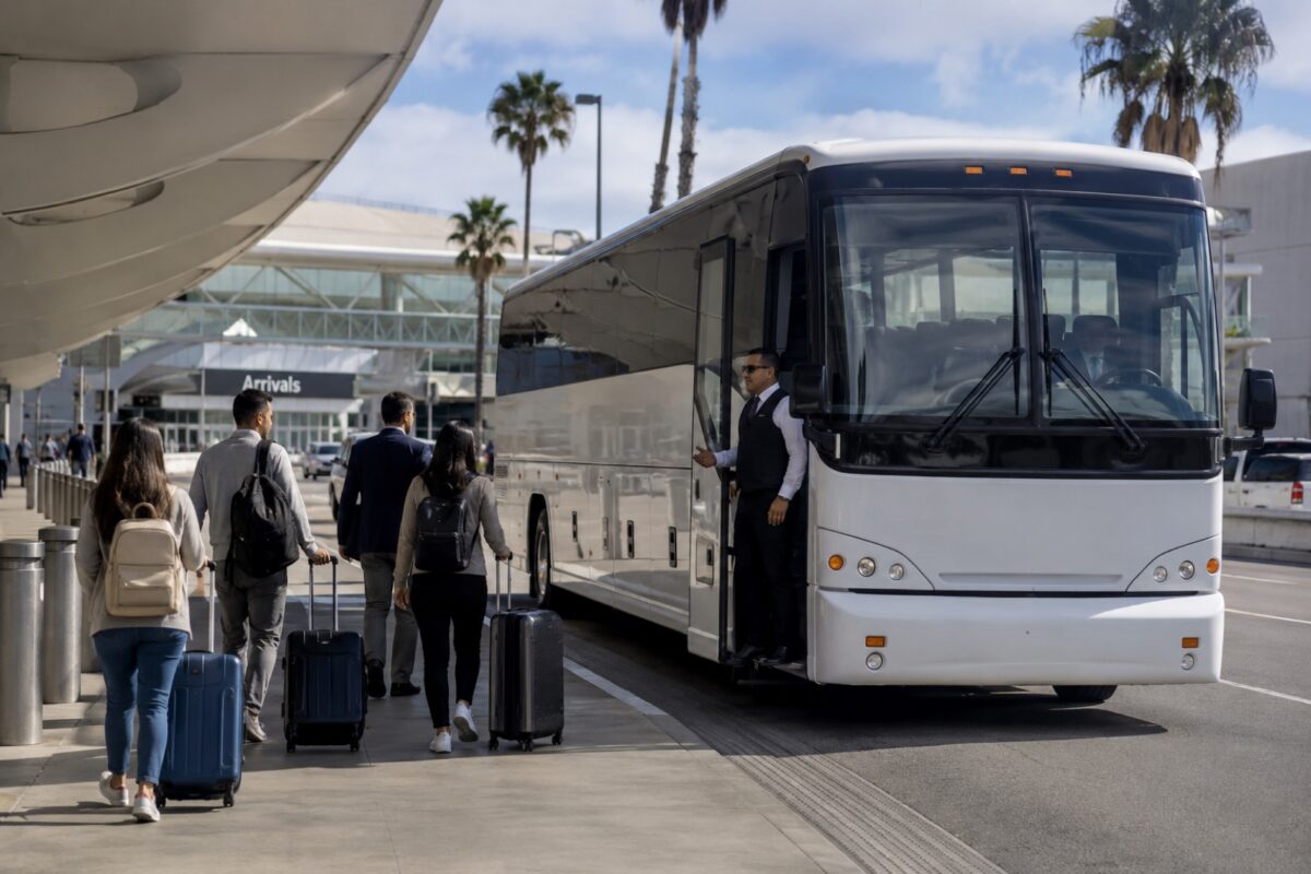 Charter bus parked at LAX airport arrivals level ready for group pickup in Los Angeles