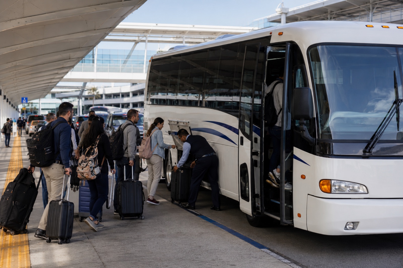 Group of passengers boarding a shuttle bus at LAX arrivals curbside pickup zone