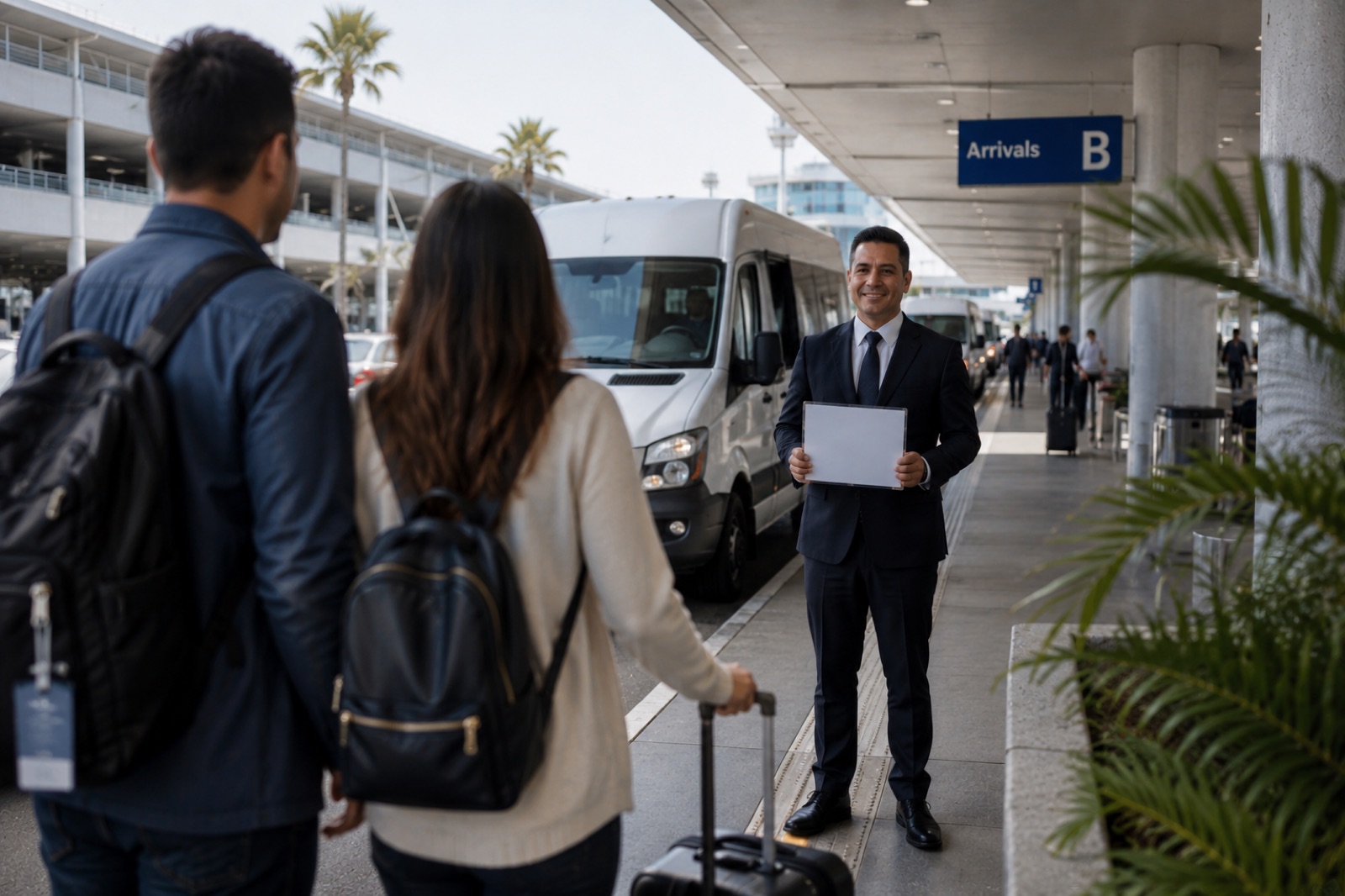 Professional shuttle driver holding a name sign waiting at LAX terminal arrivals for group pickup