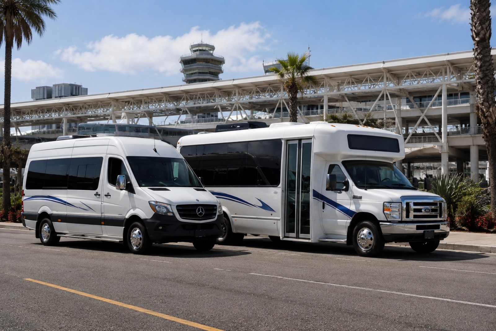 Sprinter van and mini bus parked side by side at Los Angeles airport for group shuttle comparison