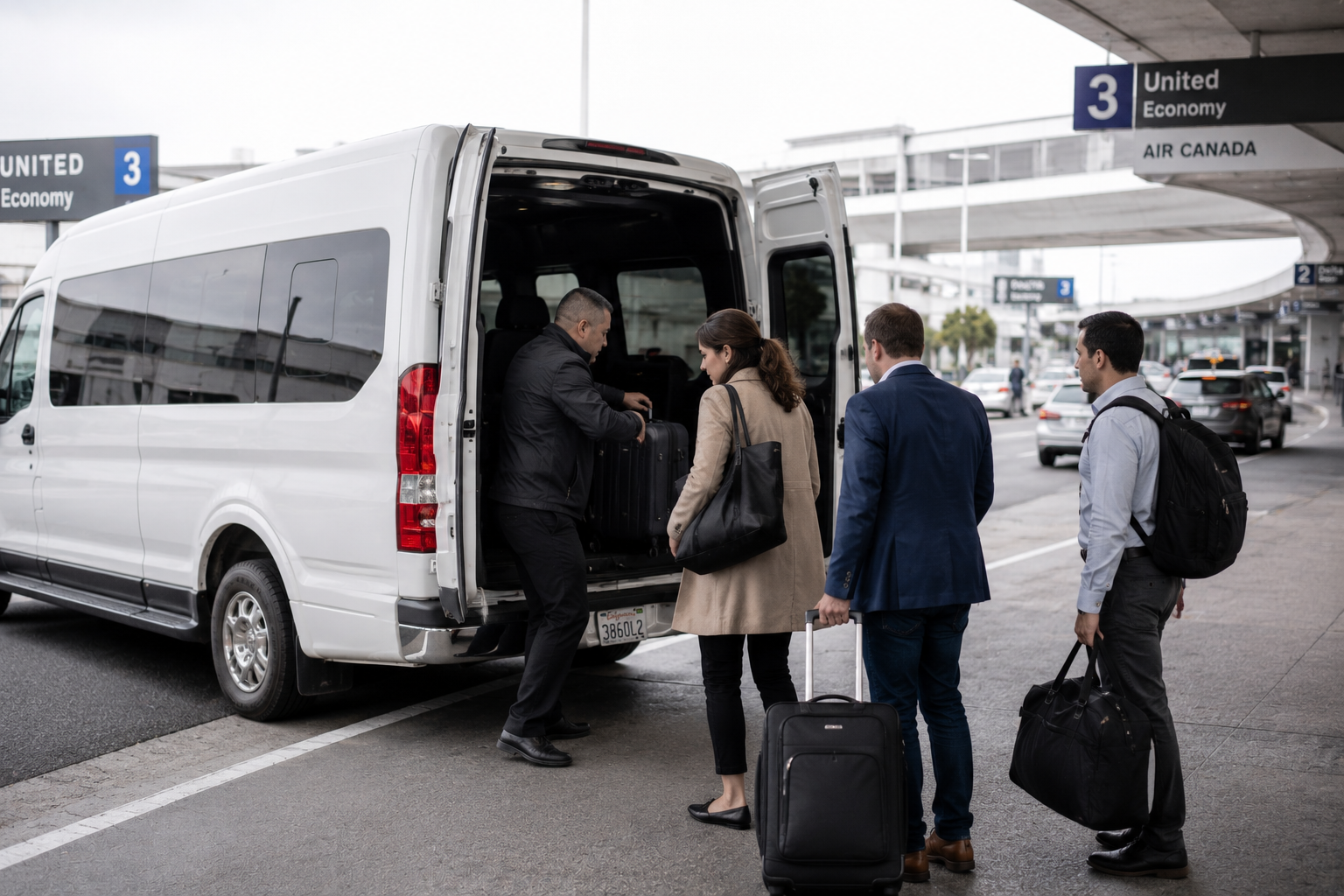 Business travelers loading luggage into white shuttle van at SFO airport United terminal