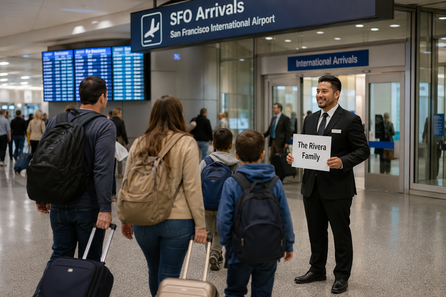 Professional shuttle driver holding Rivera Family name sign meeting passengers at SFO International Arrivals exit
