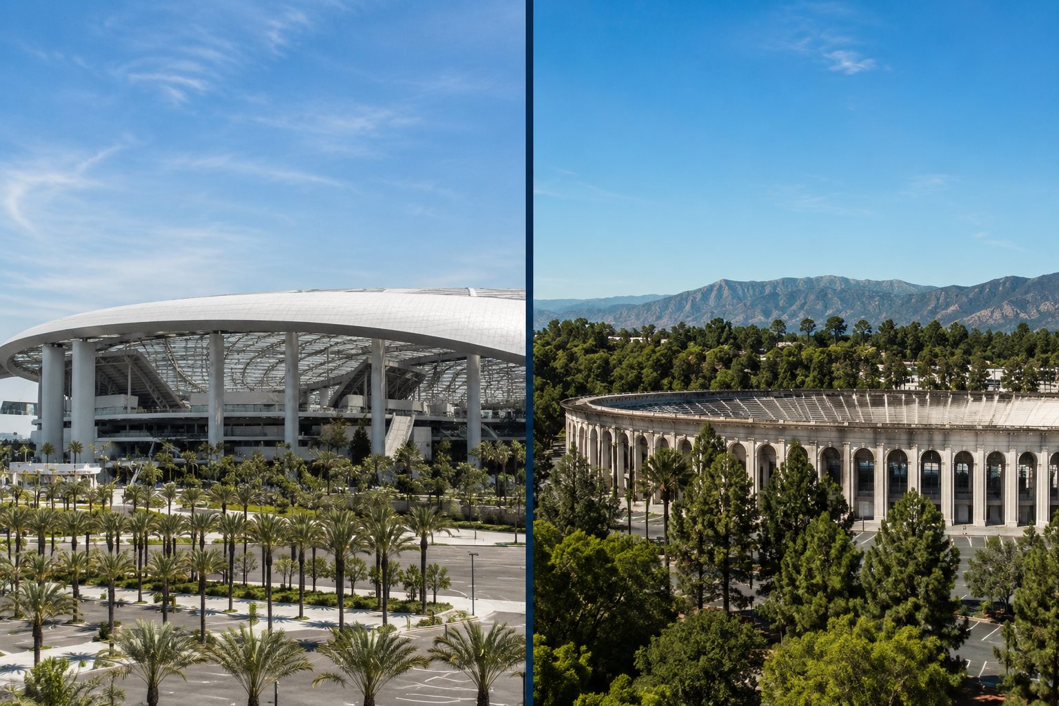 A charter bus serving SoFi Stadium in Inglewood, the Los Angeles FIFA World Cup 2026 venue, with the Pasadena skyline across Greater LA