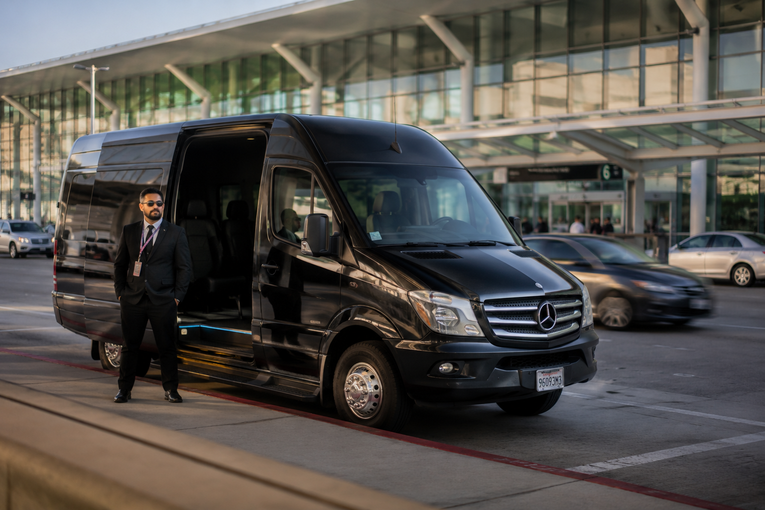 Professional driver standing beside black Mercedes Sprinter shuttle van at SFO airport terminal curb at golden hour
