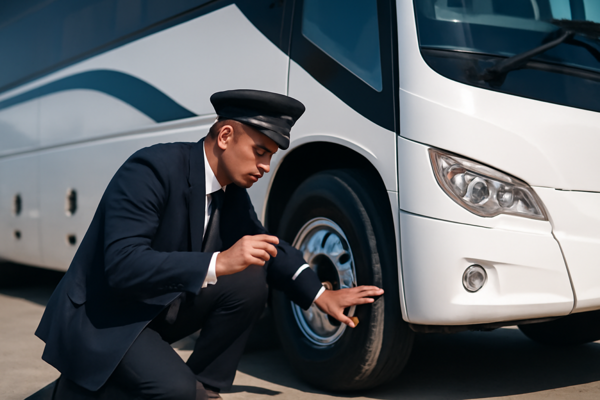 Professional driver conducting charter bus safety inspection outdoors
