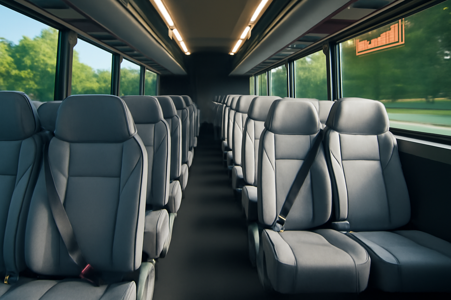Charter bus interior with visible seat belts and emergency exit