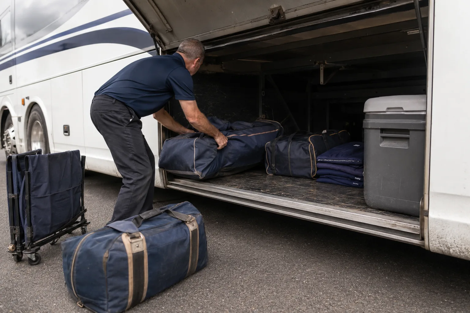 Driver loading team equipment bags into the under-bus storage bay of a charter bus