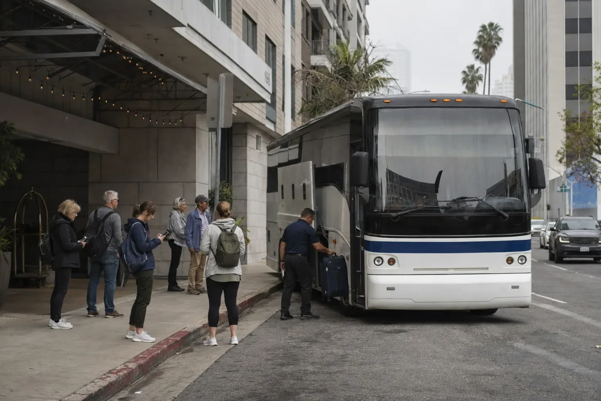 Charter bus rental for tour operators picking up a travel group outside a Los Angeles hotel