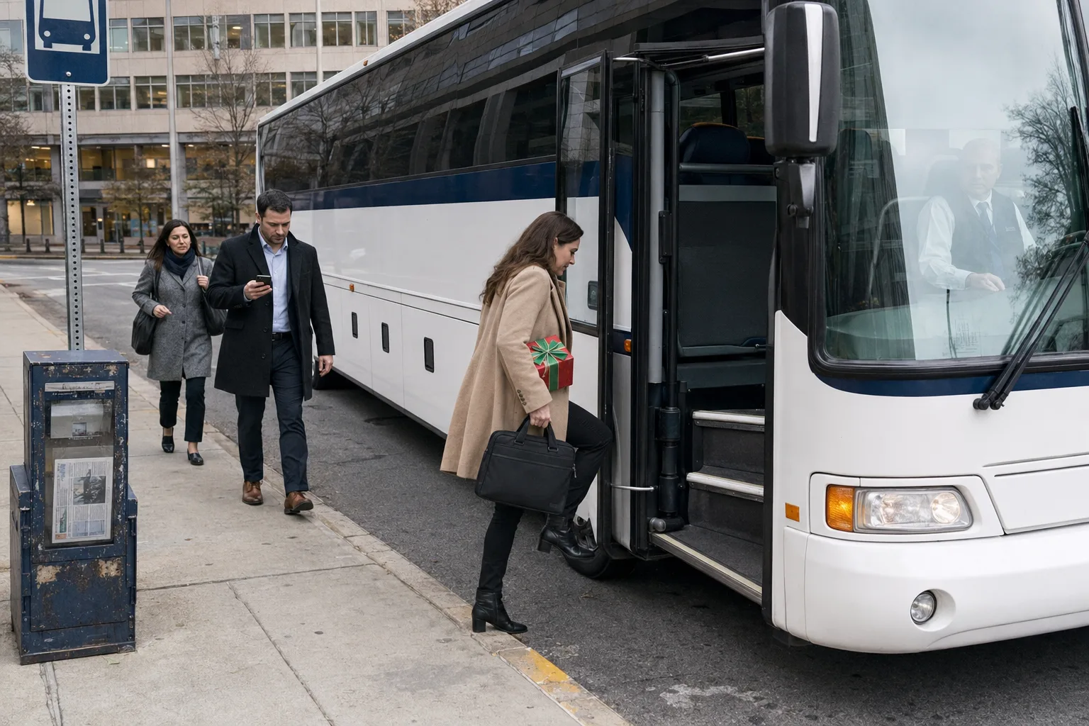 Business professional boarding a charter bus at a multi-stop corporate event pickup in Los Angeles