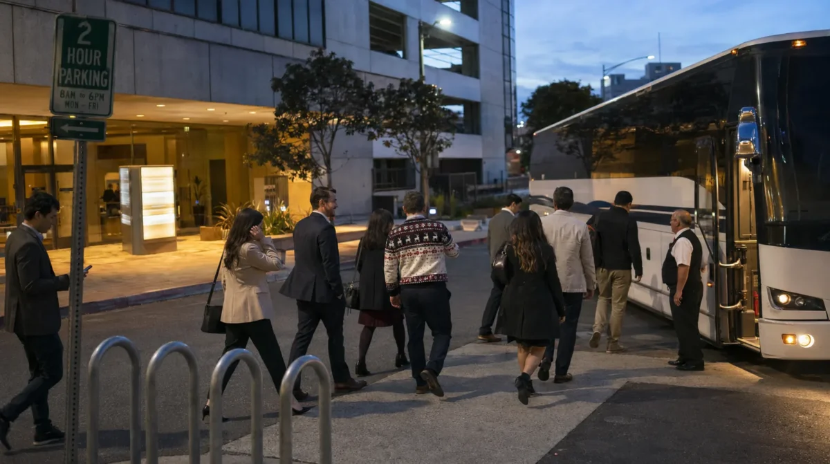 Office employees boarding a charter bus for a company holiday party in Los Angeles at dusk