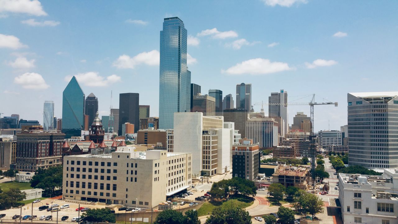Downtown Dallas skyline daytime aerial view