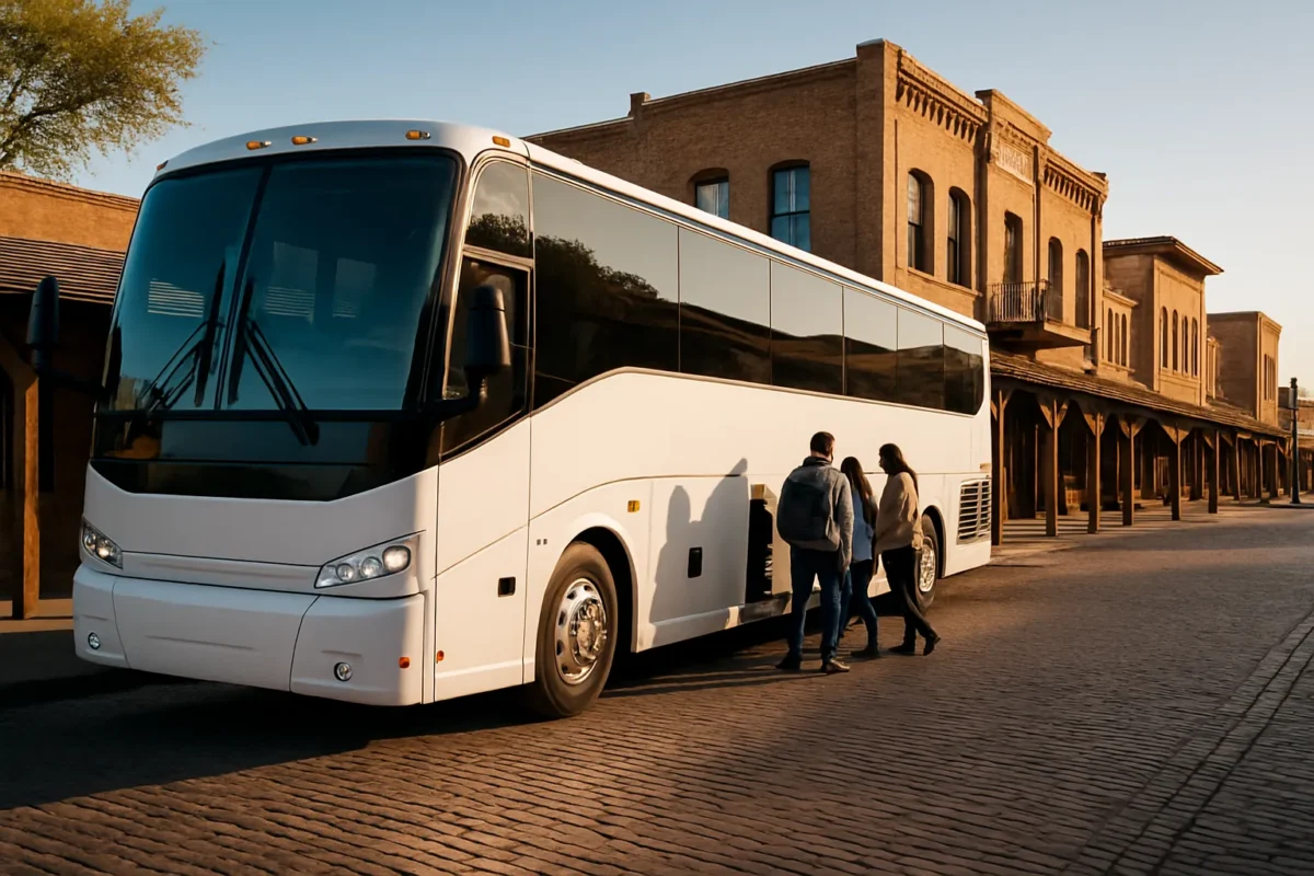 Charter bus boarding passengers at the Fort Worth Stockyards near Dallas