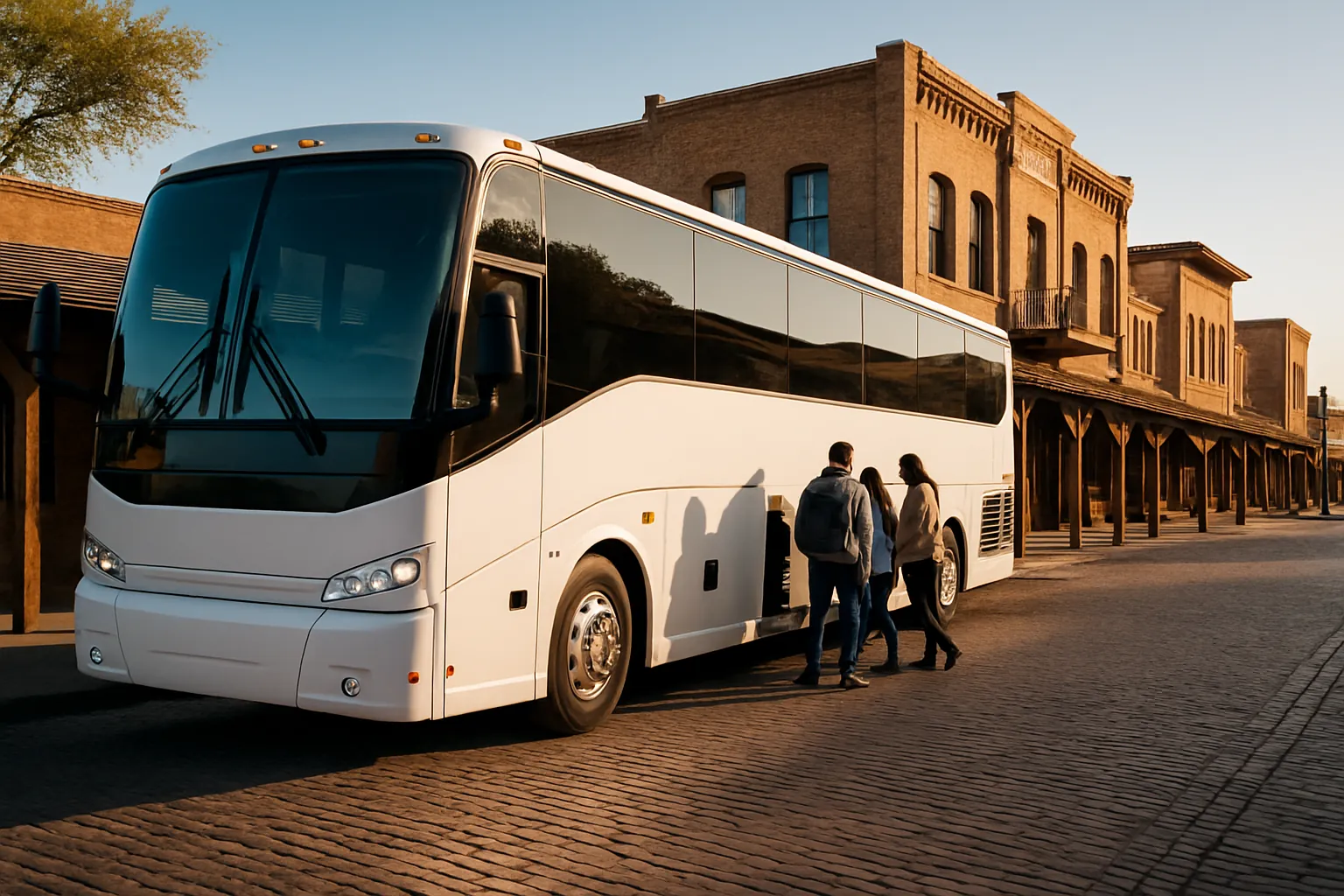 Charter bus boarding passengers at the Fort Worth Stockyards near Dallas